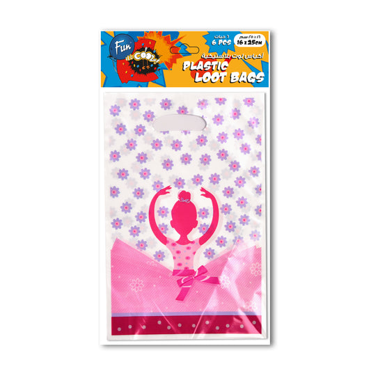 A pack of six plastic loot bags with a ballerina design, featuring pink and purple colors and floral patterns.