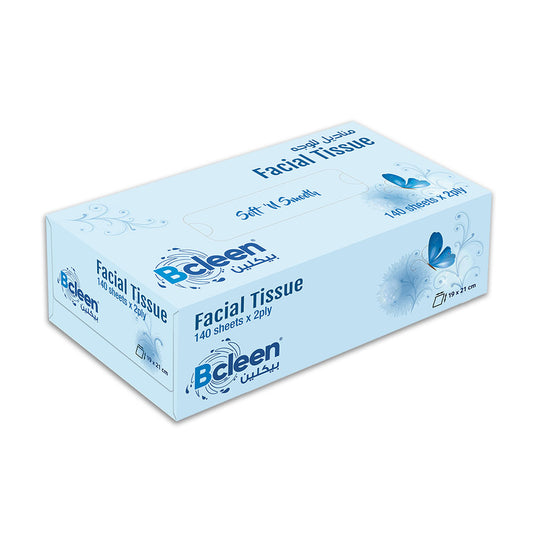 A pack of Bcleen 2-Ply White Facial Tissue with 140 sheets, each measuring 19x21cm.