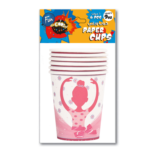 A pack of six paper cups with a ballerina design, predominantly pink color, branded by Fun.