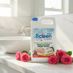 A 5-liter bottle of Bcleen Pro hand wash with moisturizer and rose scent, predominantly white with blue and green accents and a blue cap.