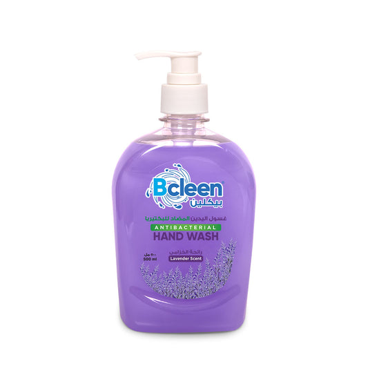 A pump bottle of Bcleen Antibacterial Hand Wash with Moisturizer in Lavender Scent, 500ml.