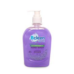 A pump bottle of Bcleen Antibacterial Hand Wash with Moisturizer in Lavender Scent, 500ml.