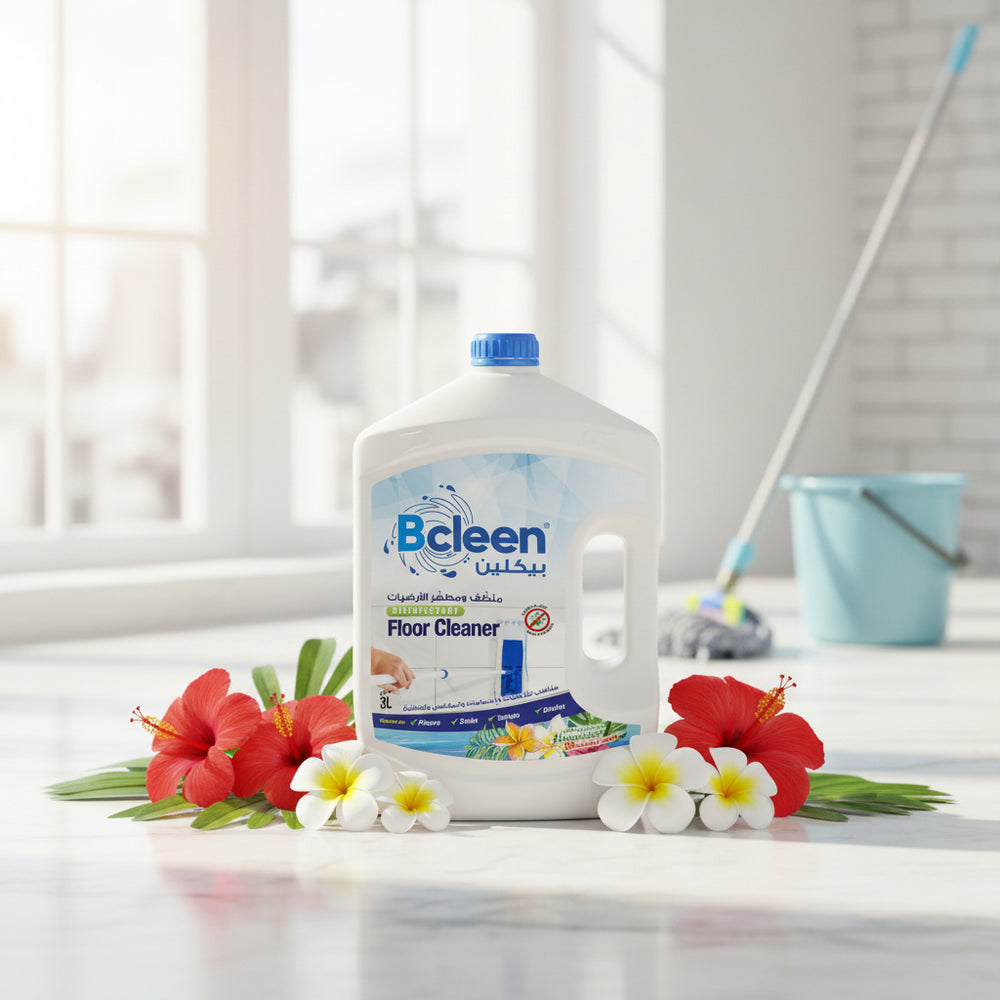 A bottle of Bcleen Disinfectant Floor Cleaner with Hawaiian Blossom scent, 3 liters.