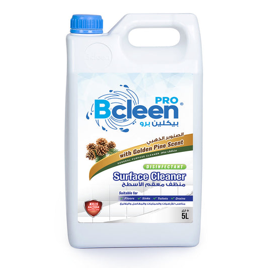 A 5-liter bottle of Bcleen surface cleaner with Golden Pine scent, predominantly white with blue and green accents and a product label.