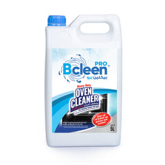 A 5-liter bottle of Bcleen Heavy-Duty Oven Cleaner with a white body and blue cap, labeled for cleaning kitchen surfaces.