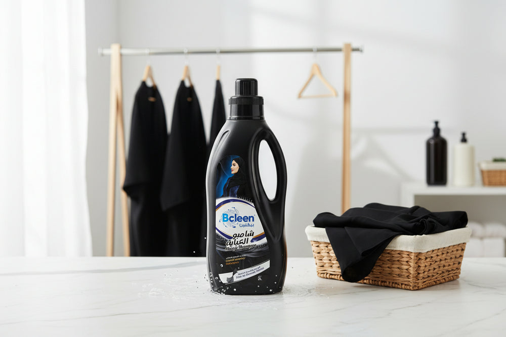 A black bottle of Bcleen Abaya Wash Shampoo with a label showing the brand name, product name, and a depiction of a white abaya.
