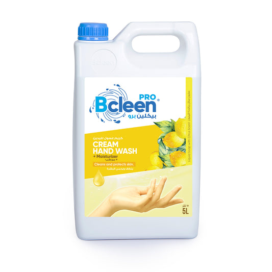 A 5-liter bottle of Bcleen cream hand wash with moisturizer and a lemon scent, featuring a white container with a blue cap and a label with a lemon illustration.