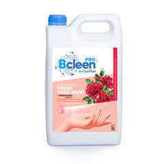 A 5-liter bottle of Bcleen cream hand wash with moisturizer and a rose scent, featuring a white container with a blue cap and a label showing a rose image and the text 'PRO Bcleen'.