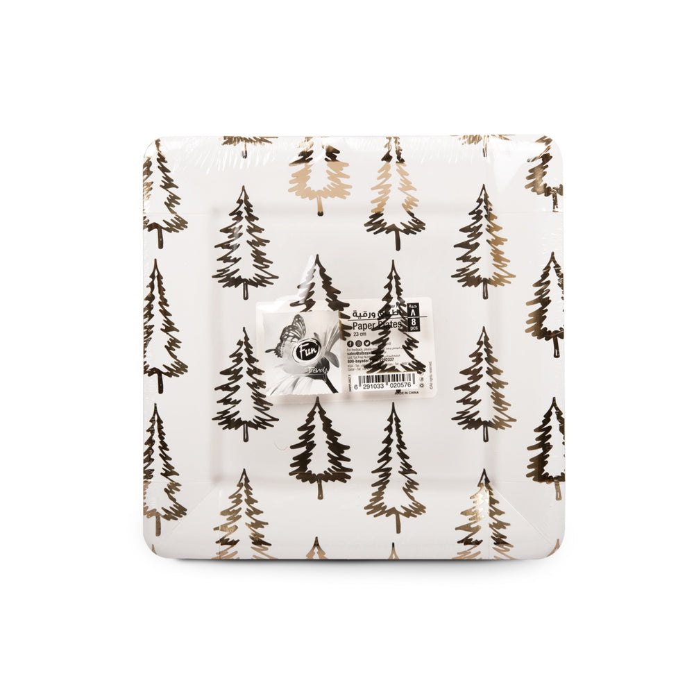 A square paper plate with a golden tree pattern, indicating a pack of 8.