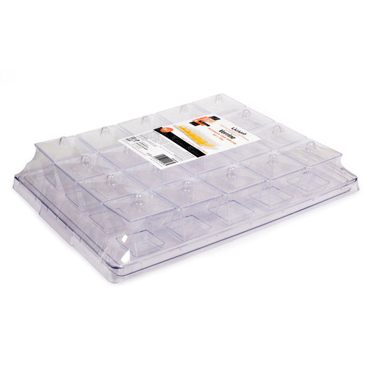 A clear rectangular glass crystal serving verrine tray with 20 taramiso cups and their lids, branded by Fun, intended for serving 60ml treats.