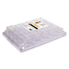 A clear rectangular glass crystal serving verrine tray with 20 taramiso cups and their lids, branded by Fun, intended for serving 60ml treats.