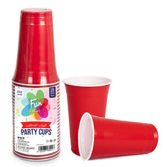 A pack of red plastic cups by Fun brand displayed with two cups standing upright and others lying on their sides, indicating the product is ready for use at a party.