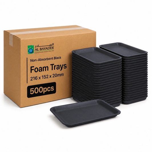 Al Bayader Non-Absorbent Black Foam Trays 216x152x20mm [500pcs]