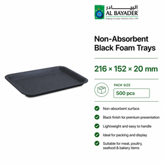 Al Bayader Non-Absorbent Black Foam Trays 216x152x20mm [500pcs]
