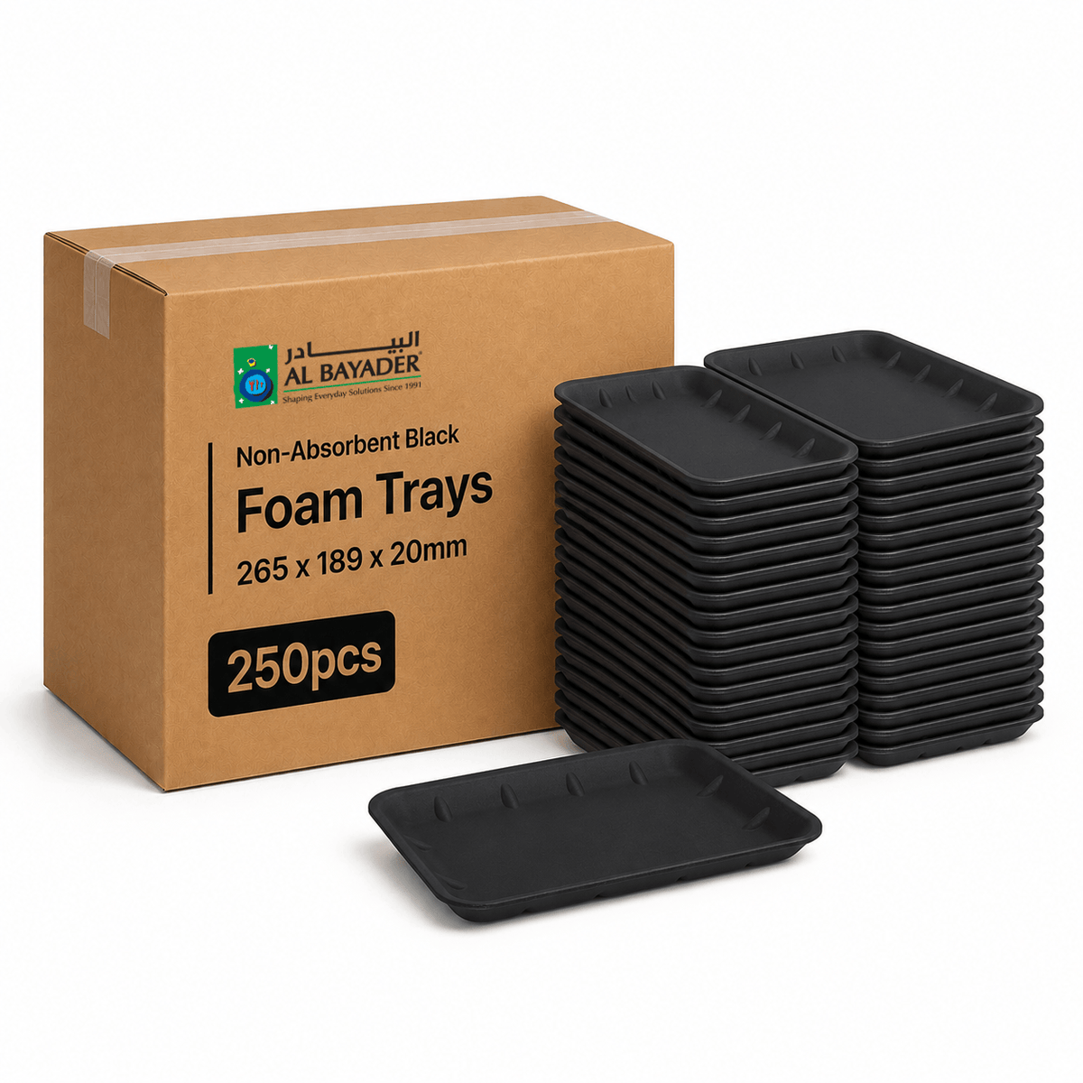 Al Bayader Non-Absorbent Black Foam Trays 265x189x20mm [250pcs]