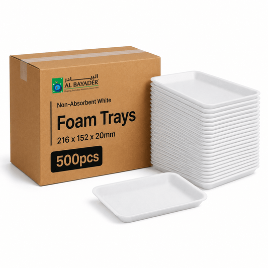 Al Bayader Non-Absorbent White Foam Trays 216x152x20mm [500pcs]