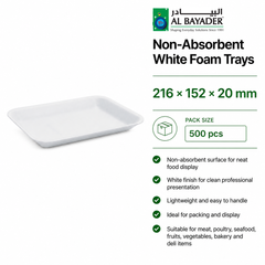 Al Bayader Non-Absorbent White Foam Trays 216x152x20mm [500pcs]