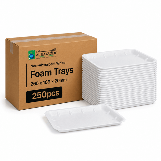 Al Bayader Non-Absorbent White Foam Trays 265x189x20mm [250pcs]