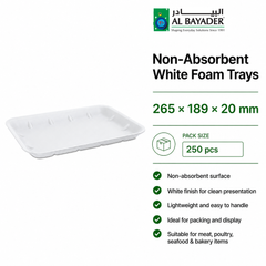 Al Bayader Non-Absorbent White Foam Trays 265x189x20mm [250pcs]