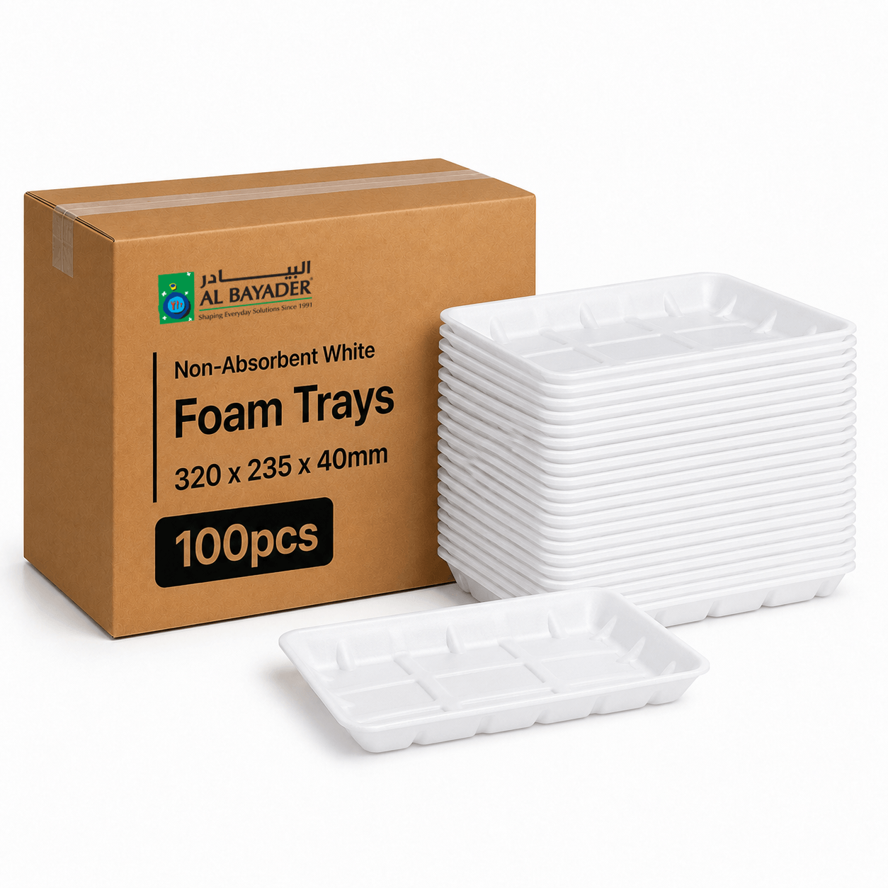 Al Bayader Non-Absorbent White Foam Trays 320x235x40mm [100pcs]