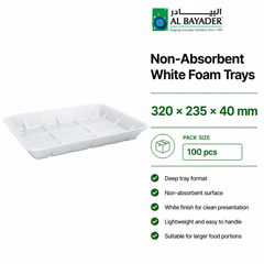 Al Bayader Non-Absorbent White Foam Trays 320x235x40mm [100pcs]