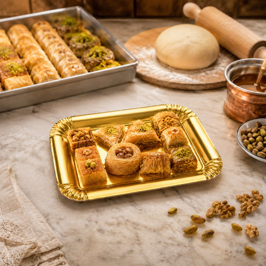 Al Bayader TreatN'Serve Paper Golden Trays 305x215x20mm [10kg]