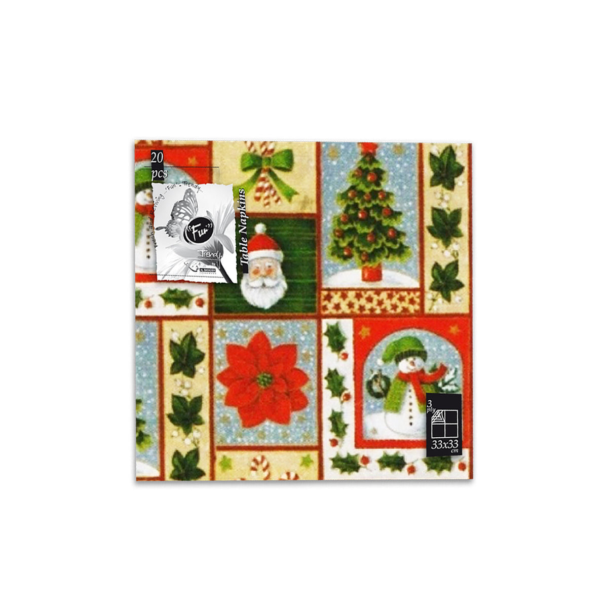 Pack of Fun 3-Ply Napkins with various Christmas themed patterns including Santa, reindeer, Christmas trees, and poinsettias.