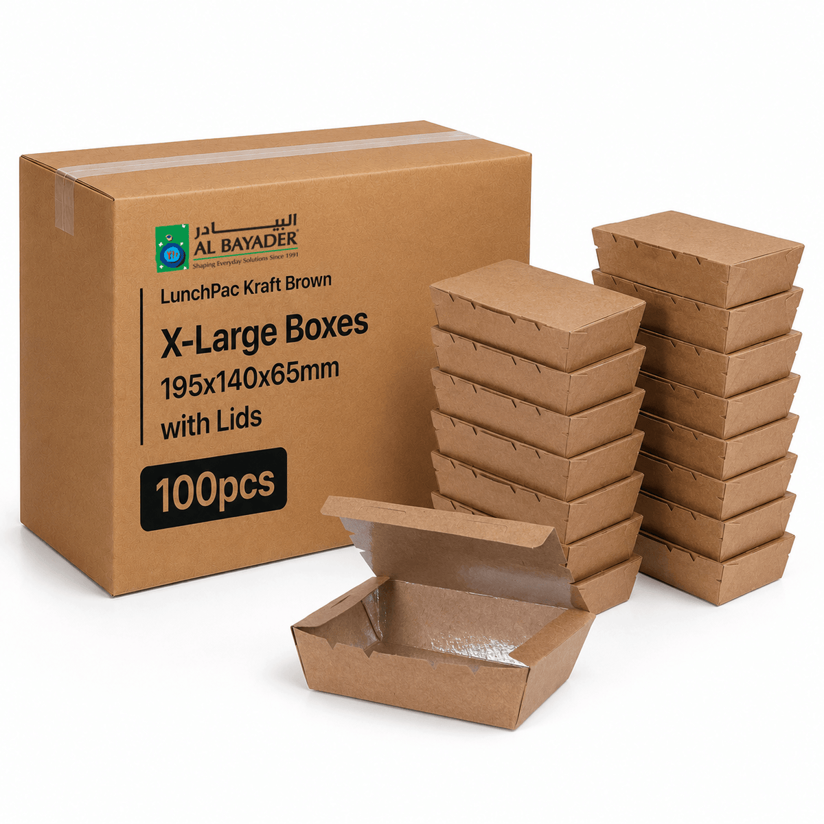 Al Bayader LunchPac Kraft Brown X-Large Boxes 195x140x65mm with Lids [100Pcs]