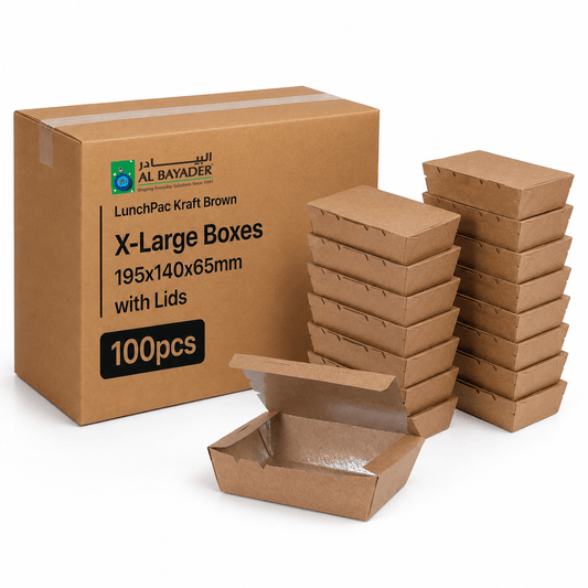 Al Bayader LunchPac Kraft Brown X-Large Boxes 195x140x65mm with Lids [100Pcs]