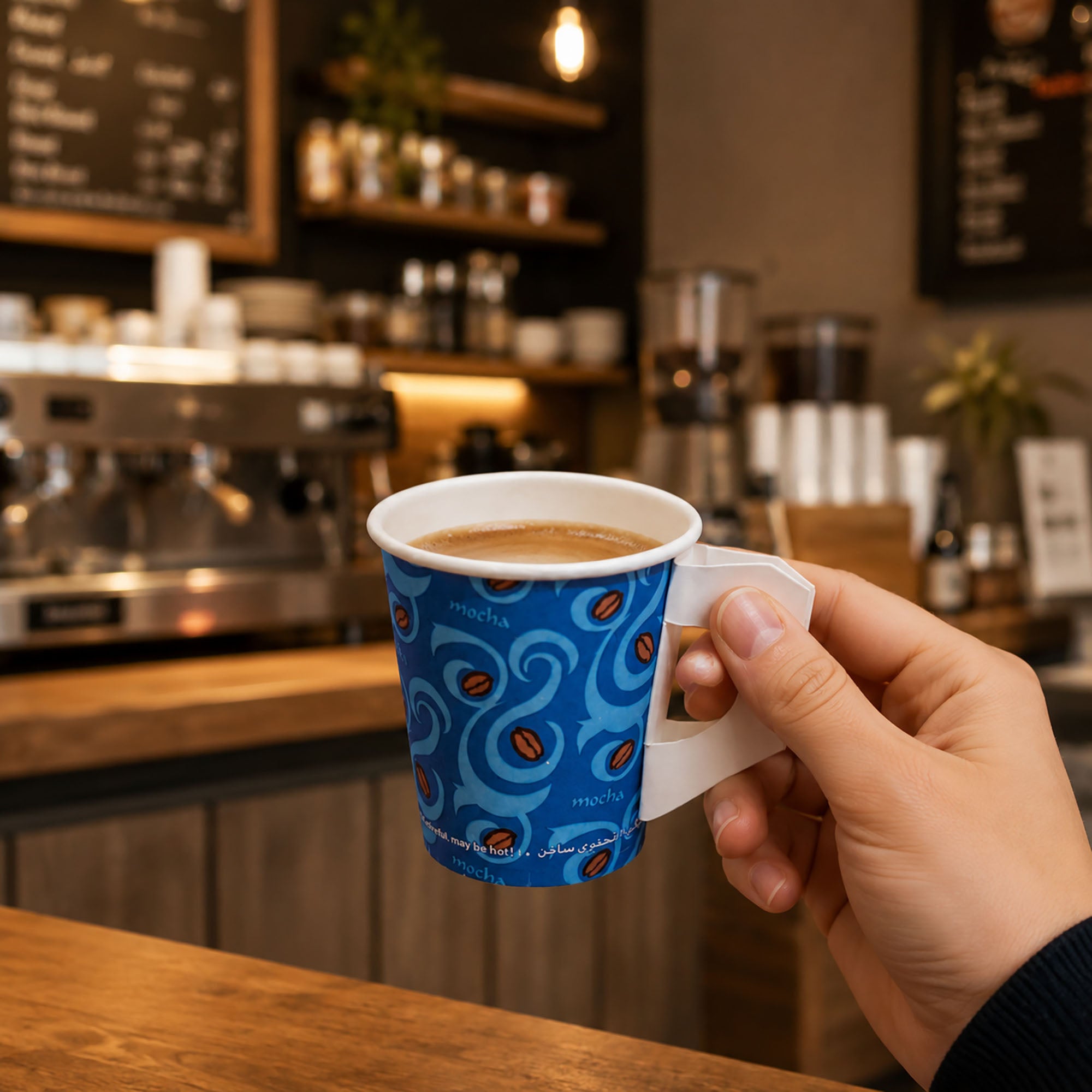 Al Bayader Single Wall Paper Printed Cups 7oz Ø71mm with Handle - Mocha Design [50pcs x 20pkts]