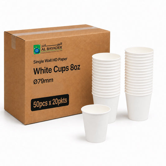 Al Bayader Single Wall HD Paper White Cups 8oz Ø79mm [50pcs x 20pkts]