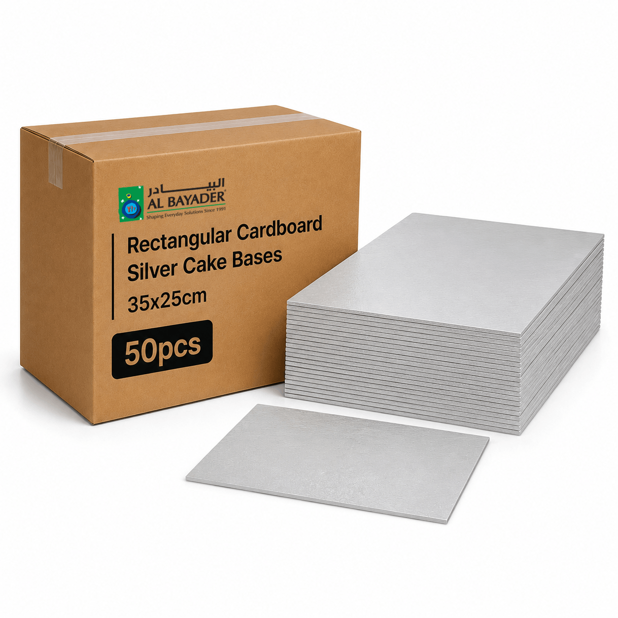 Al Bayader Rectangular Cardboard Silver Cake Bases 35x25cm [50pcs]