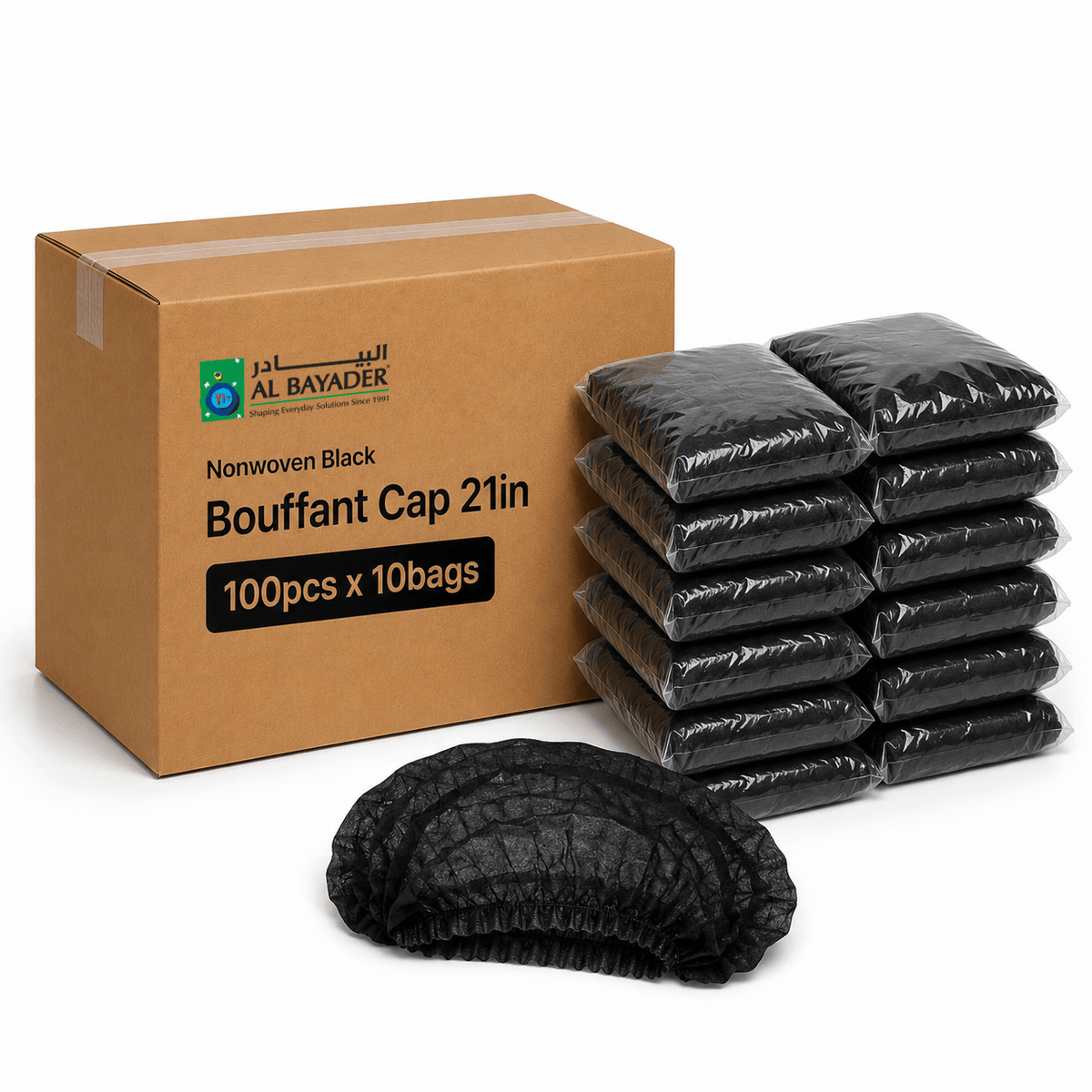 Al Bayader Nonwoven Black Bouffant Cap 21in [100pcs x 10bags]