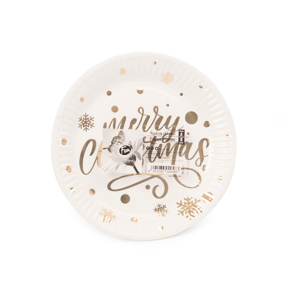 A round paper plate with a golden 'Merry Christmas' message and Christmas tree patterns.