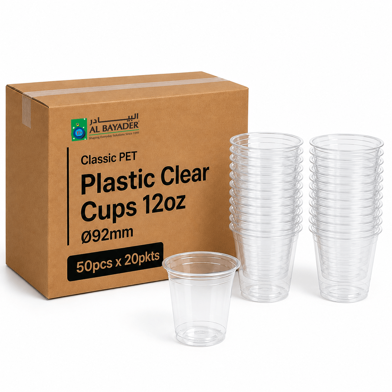 Al Bayader Classic PET Plastic Clear Cups 12oz Ø92mm [50pcs x 20pkts]