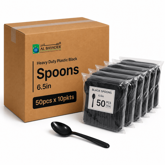 Al Bayader Heavy Duty Plastic Black Spoons 6.5in [50pcs x 10pkts]