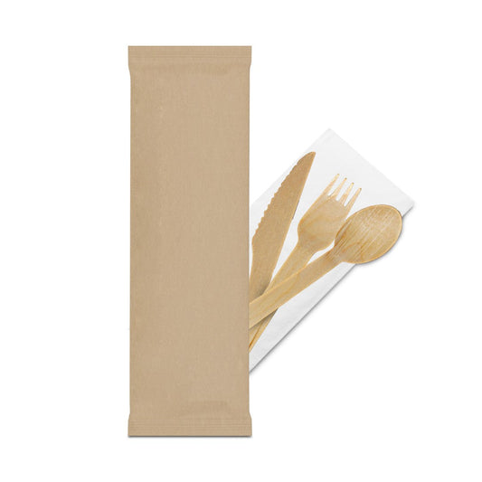 Fun® Wooden Cutlery Set Paper Wrap with Napkin [1set x 1pkt]