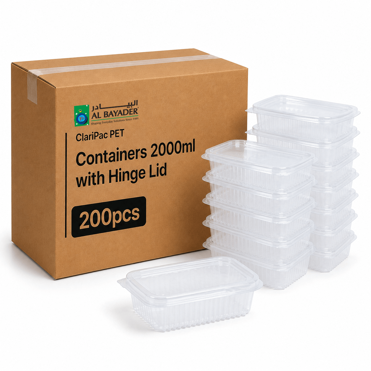 Al Bayader ClariPac PET Containers 2000ml with Hinge Lid [200pcs]