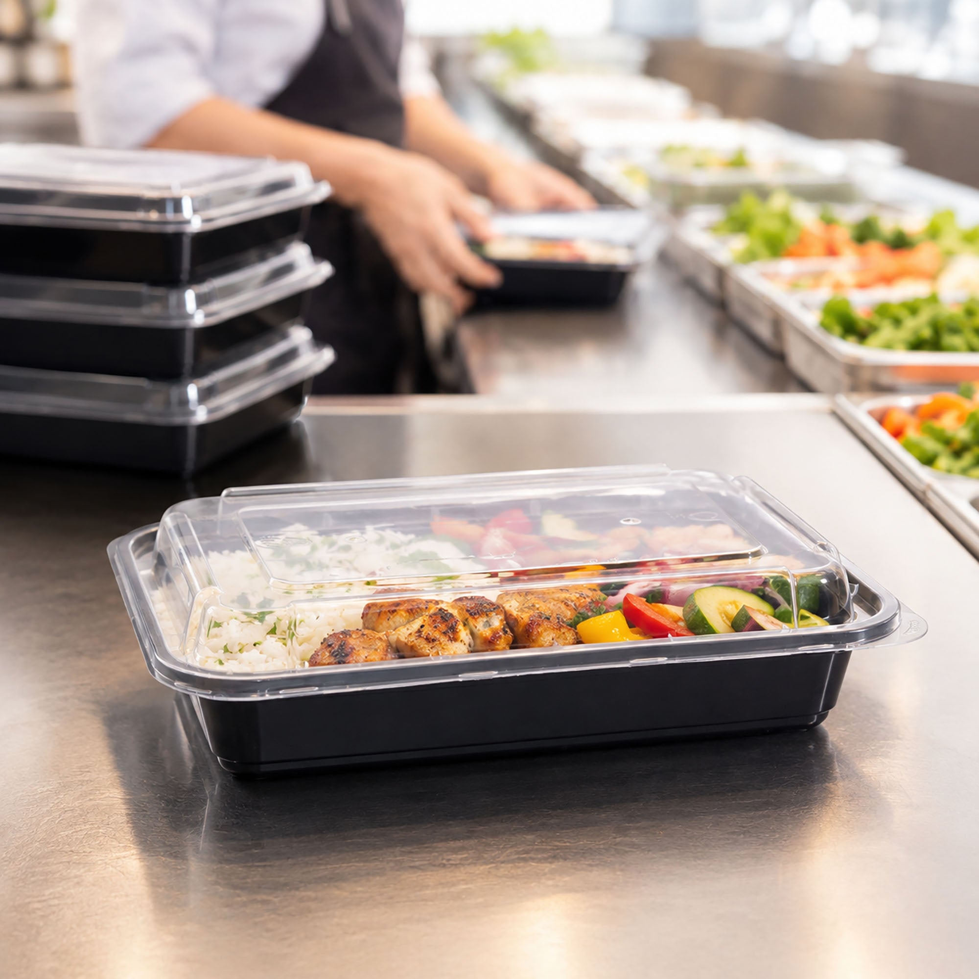 Al Bayader ThermoPac PP Black Rectangular Microwavable Containers 28oz with Lid [150pcs]