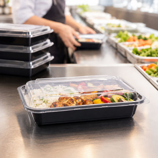 Al Bayader ThermoPac PP Black Rectangular Microwavable Containers 28oz with Lid [150pcs]
