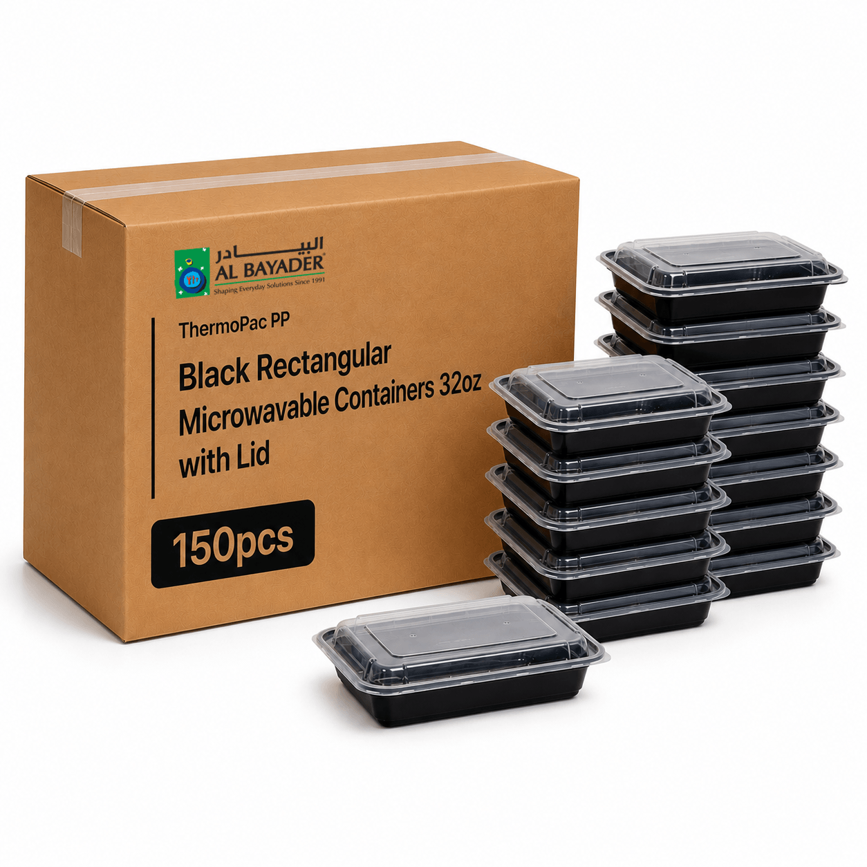 Al Bayader ThermoPac PP Black Rectangular Microwavable Containers 32oz with Lid [150pcs]