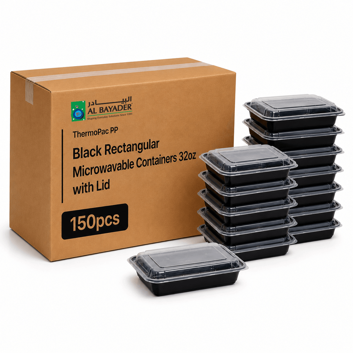 Al Bayader ThermoPac PP Black Rectangular Microwavable Containers 32oz with Lid [150pcs]