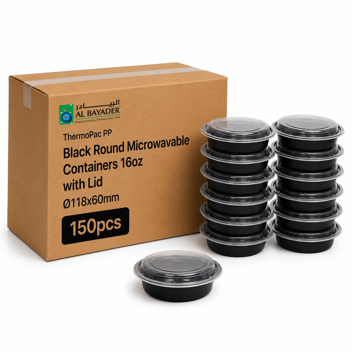 Al Bayader ThermoPac PP Black Round Microwavable Containers 16oz with Lid [150pcs]