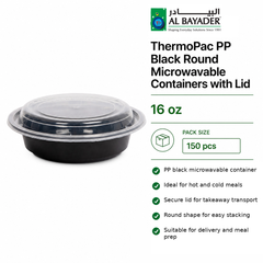 Al Bayader ThermoPac PP Black Round Microwavable Containers 16oz with Lid [150pcs]
