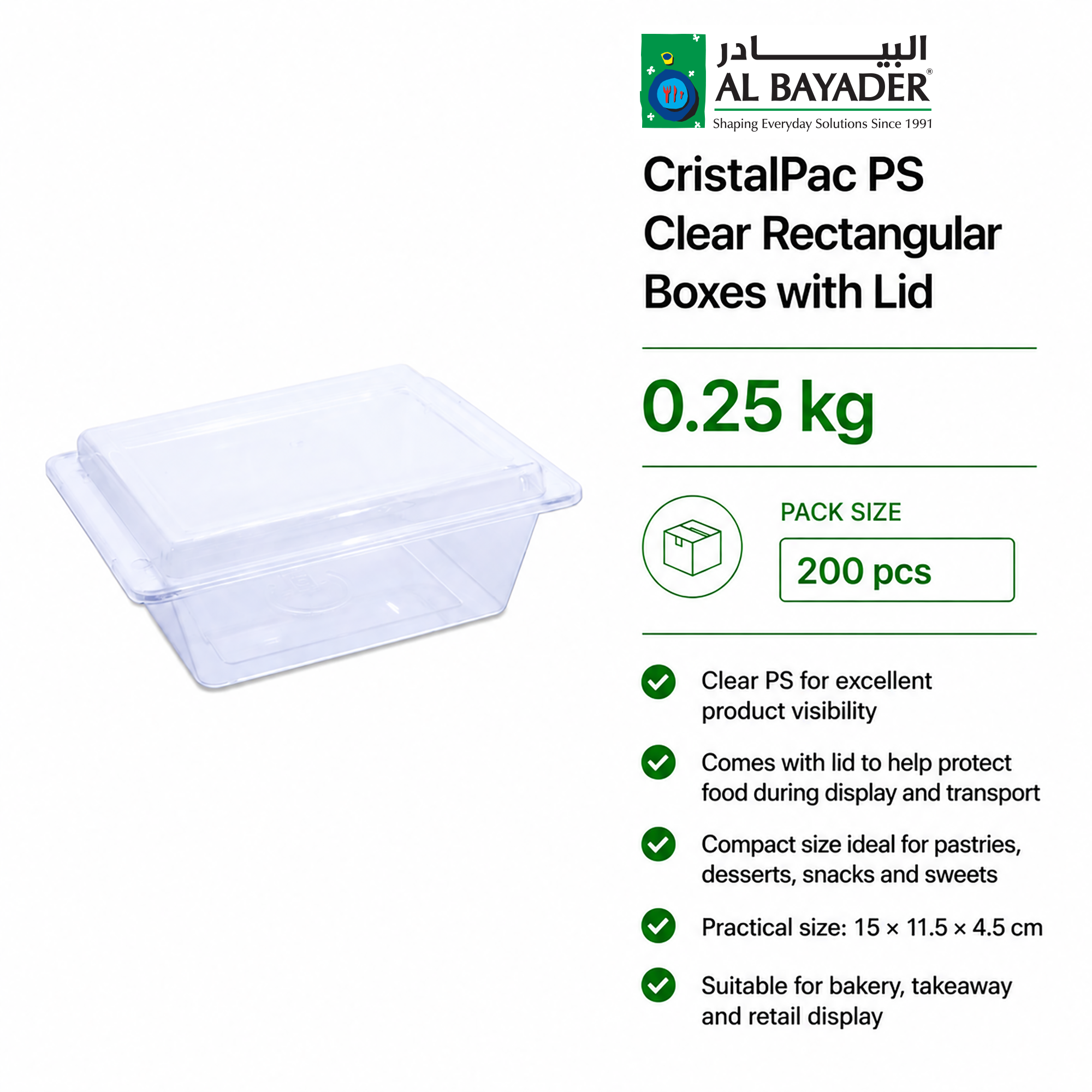 Al Bayader Cristalpac PS Clear Rectangular Boxes 15x11.5x4.5cm with Lid  (Cap:0.25kg) [200pcs]