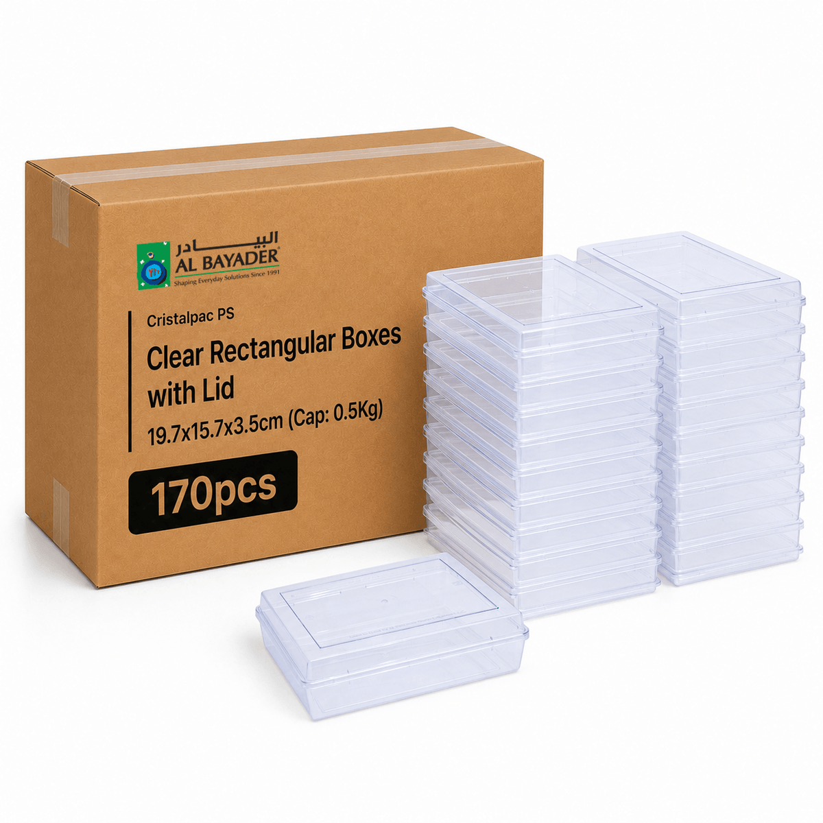 Al Bayader CristalPac PS Rectangular Clear Boxes 19.7x15.7x3.5cm with Lid (Cap:0.5Kg) [170]