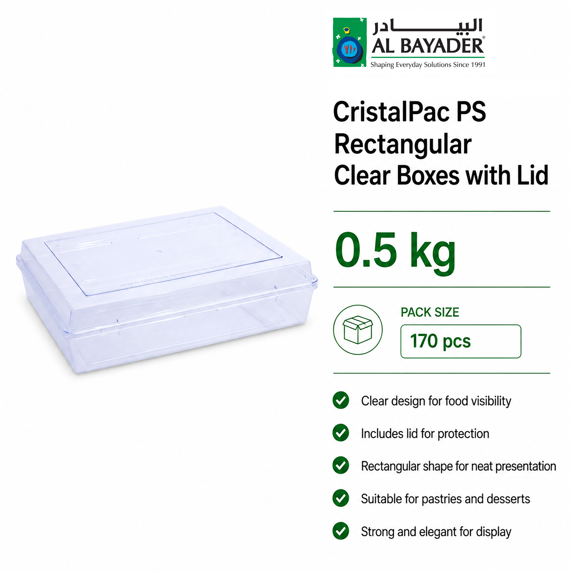 Al Bayader CristalPac PS Rectangular Clear Boxes 19.7x15.7x3.5cm with Lid (Cap:0.5Kg) [170]