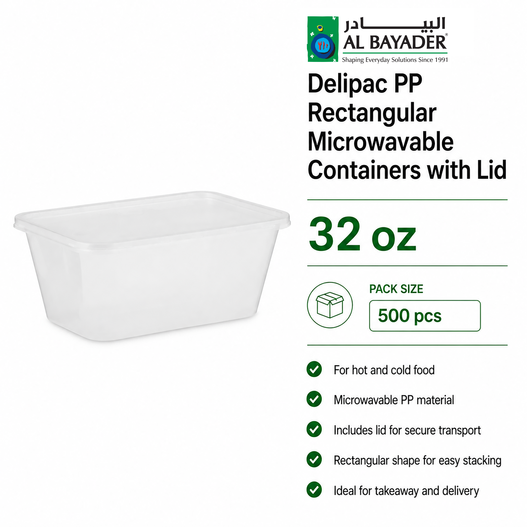 Al Bayader Delipac PP Rectangular Microwavable Containers 32oz with Lid [500pcs]