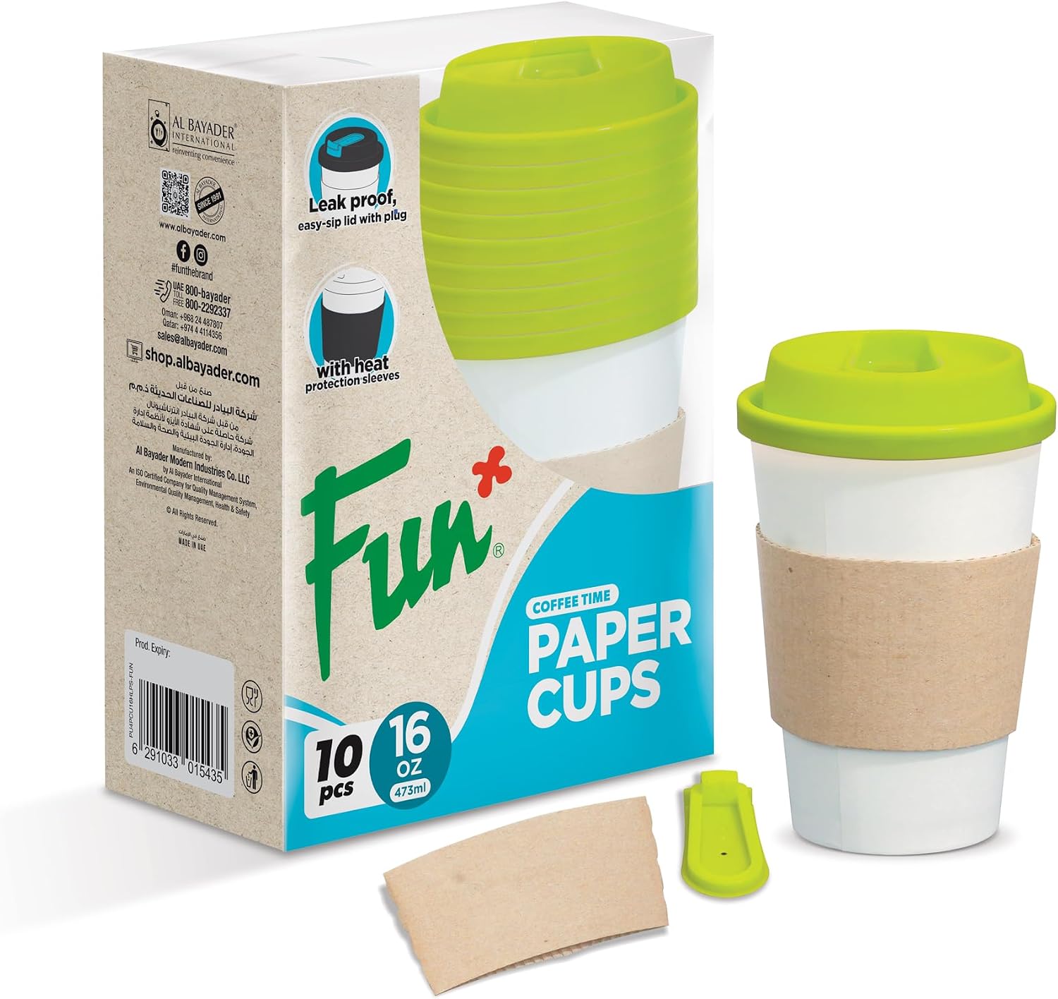 Fun HD Paper Cups with Sleeves and Olive Lid - 16oz Pack of 10