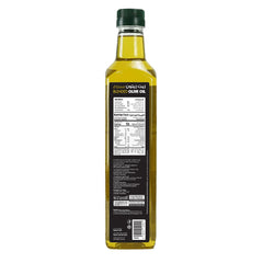 Bottle of olive oil with a label on a white background